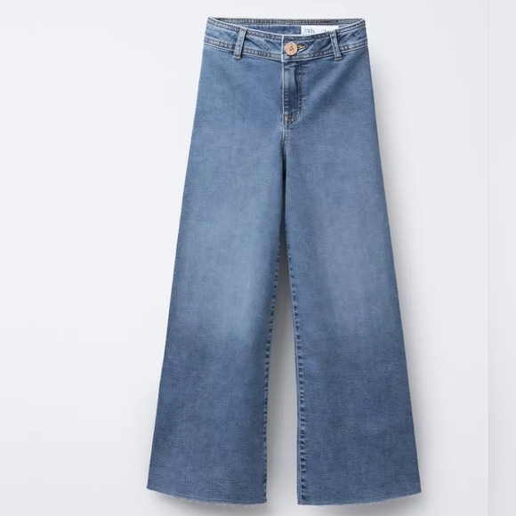 Zara Wide-Leg Flat Front Blue Raw Hem Stretchy Sz 4 US Jeans - Picture 2 of 11
